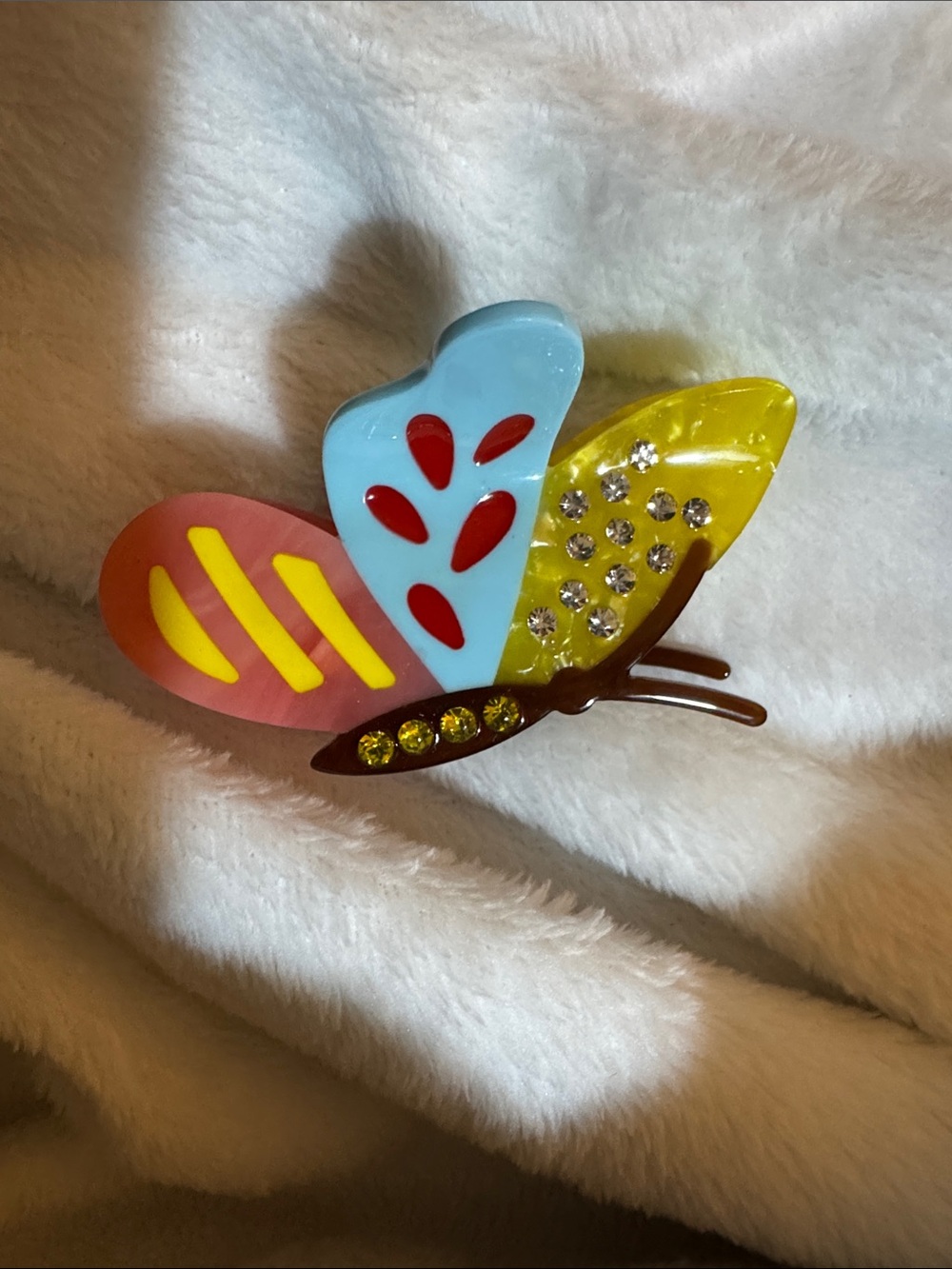 Multicolor Butterfly Hair Clip with Rhinestone Accents - Pink Blue Yellow